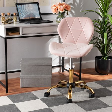 BAXTON STUDIO Savara Contemporary Glam and Luxe Blush Pink Velvet Fabric and Gold Metal Swivel Office Chair 219-11909-ZORO